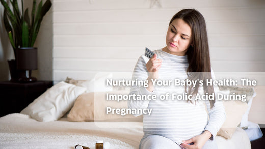 Pregnant woman reading about Folic Acid Supplements on a bed with a plant nearby