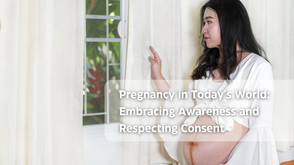 Woman in white dress holding book, cat on windowsill, urban backdrop, consent in pregnancy